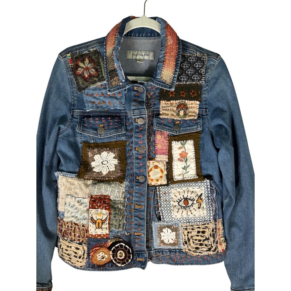 Calvin Klein Altered Hand Embroidered Upcycled Patched Denim Jacket